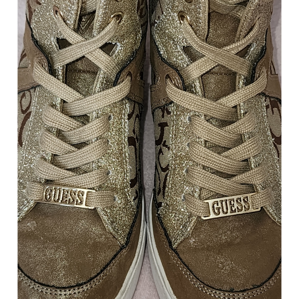 Guess Women's WGTONIGHT3 High Top Sneakers Beige Brown and Gold Glitter - Picture 8 of 9